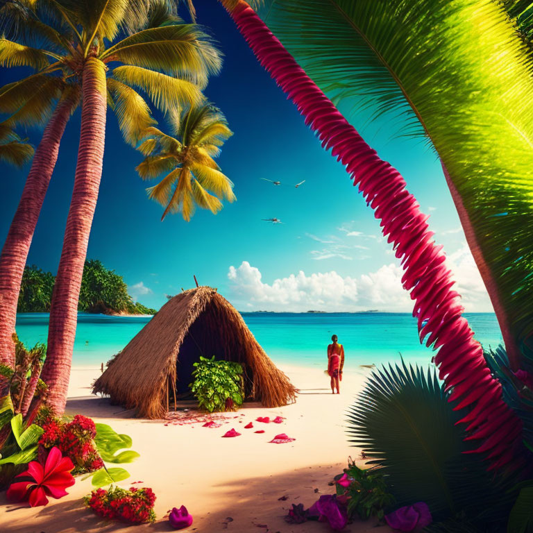 Tropical Beach Scene with Straw Hut and Palm Trees
