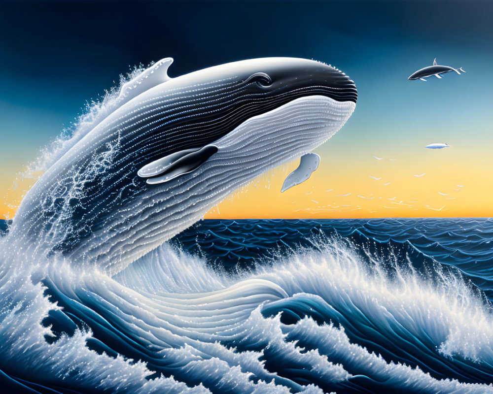 Humpback whale breaching at sunset with seabirds in vivid sky