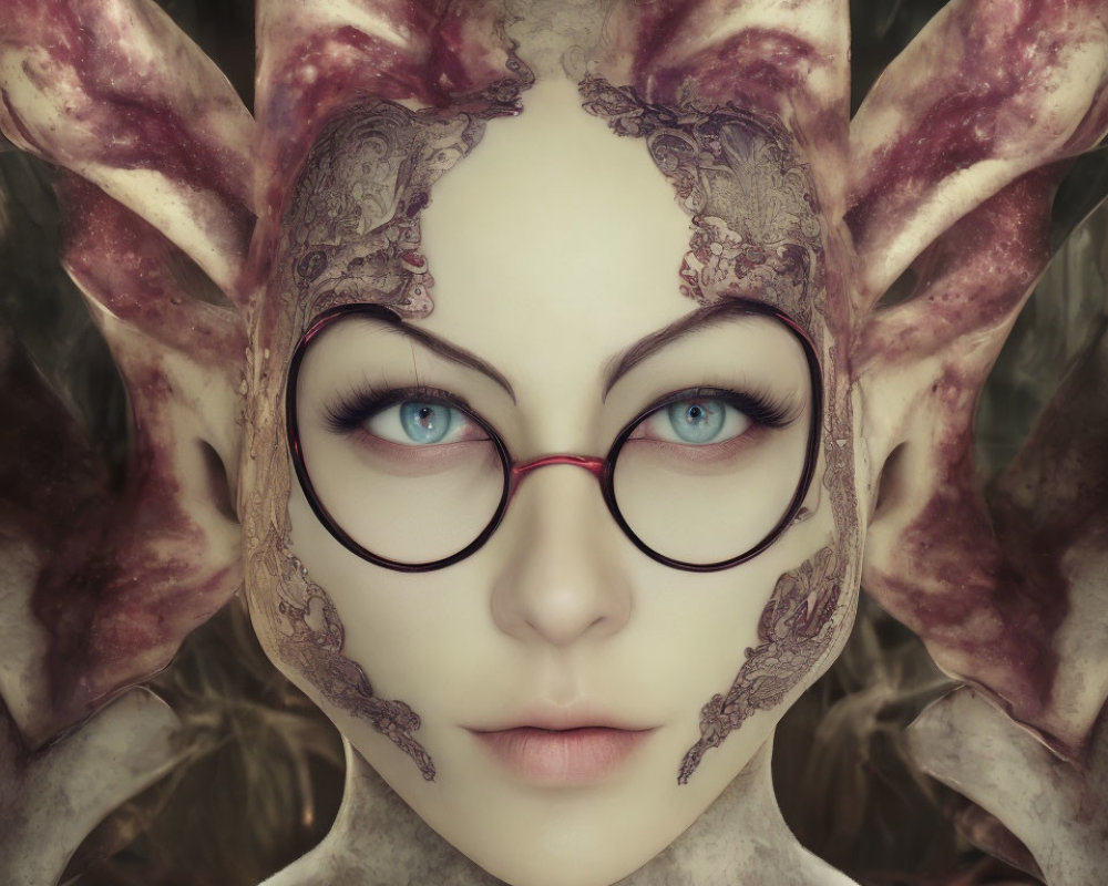 Portrait of a person with ornate horns, blue eyes, facial tattoos, and glasses