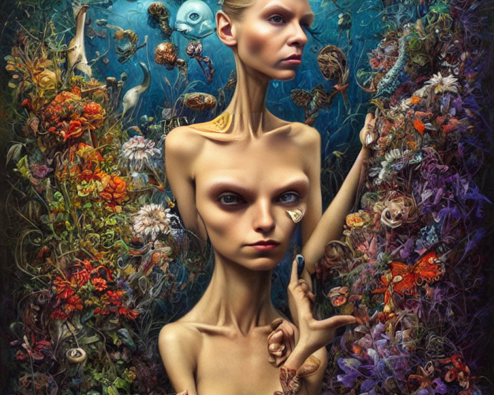 Colorful surreal portrait with flora, fauna, and fantastical creatures