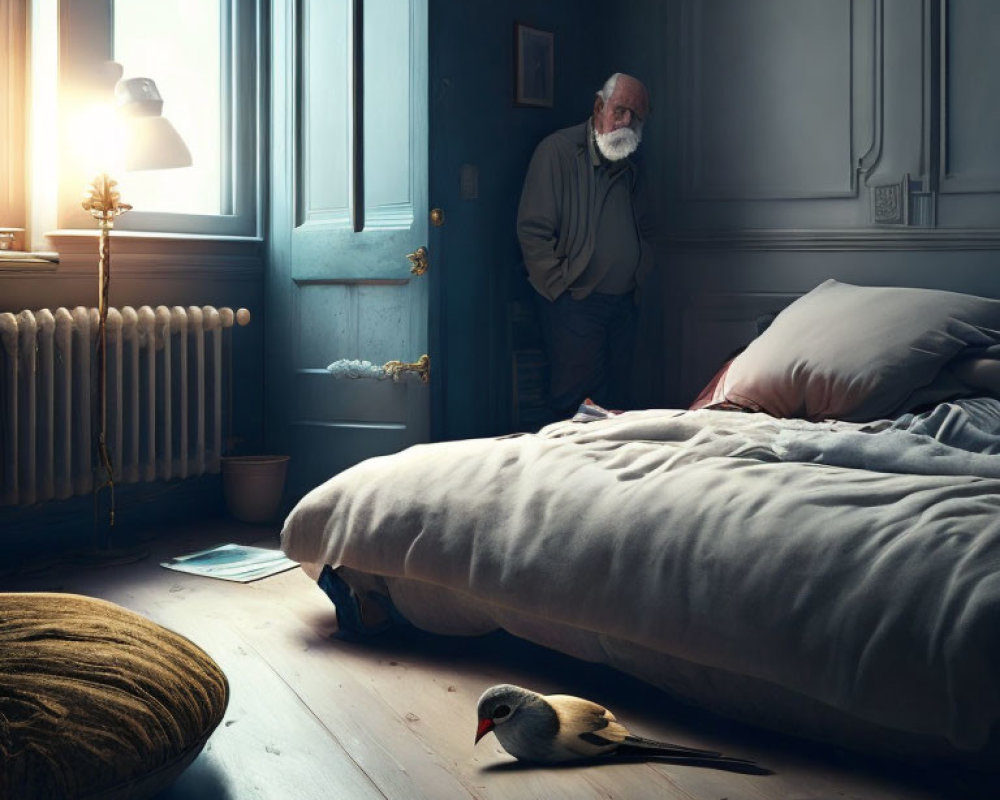 Elderly man in dimly lit bedroom gazes at bird near unmade bed