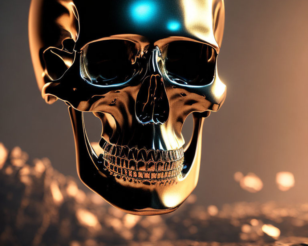 Shiny metallic skull 3D rendering with blue light reflection