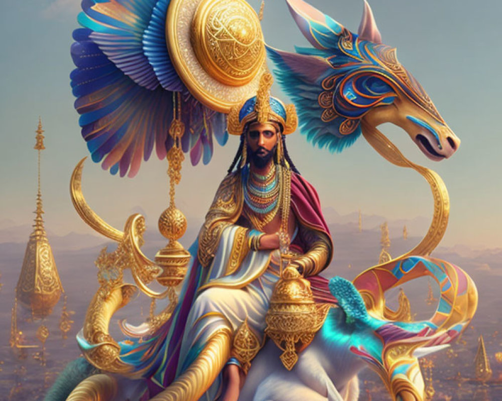 Regal figure on ornate winged steed in fantastical setting