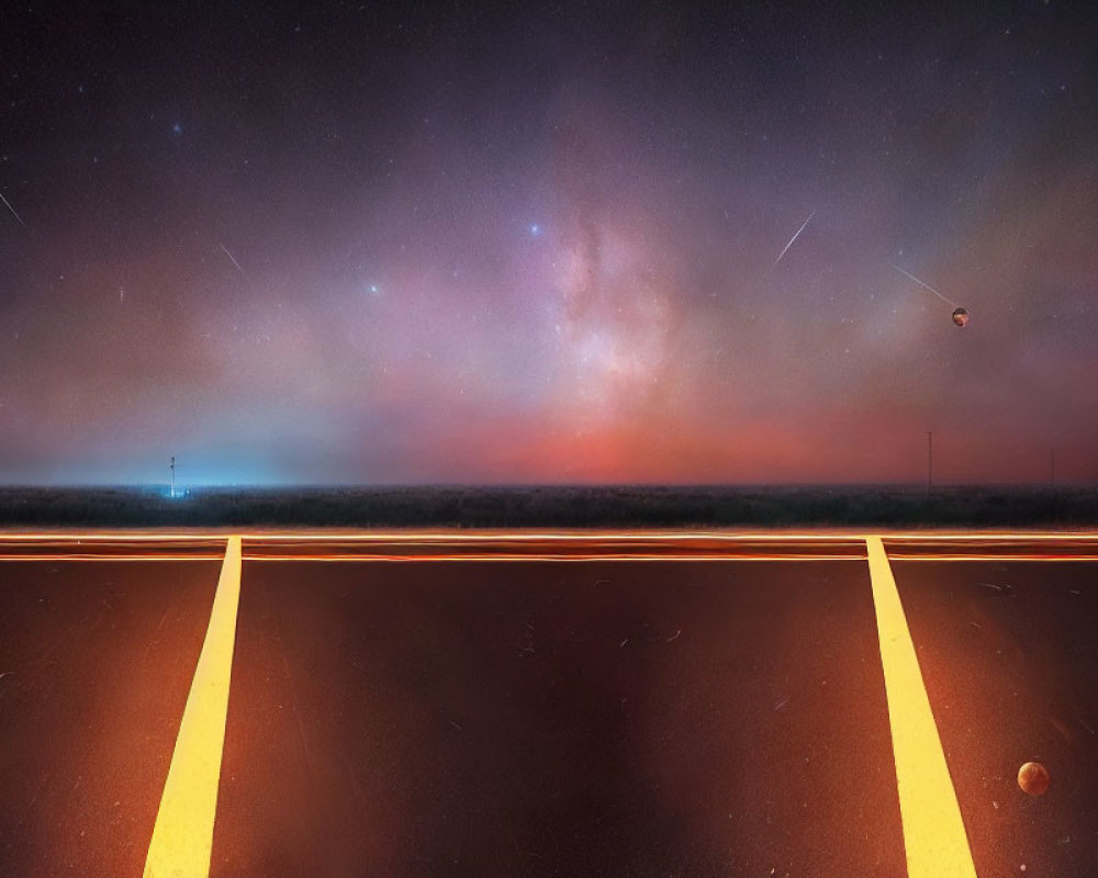 Nighttime Road with Vibrant Starry Sky, Meteors, Nebula, Planets,