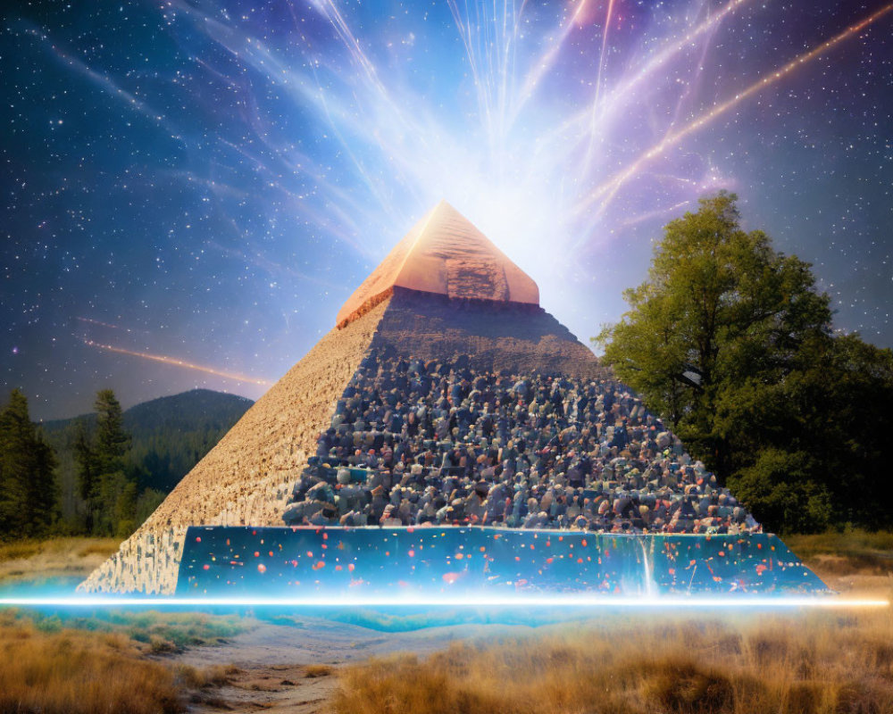 Luminous pyramid with energy beam in starry sky over forest and mountains
