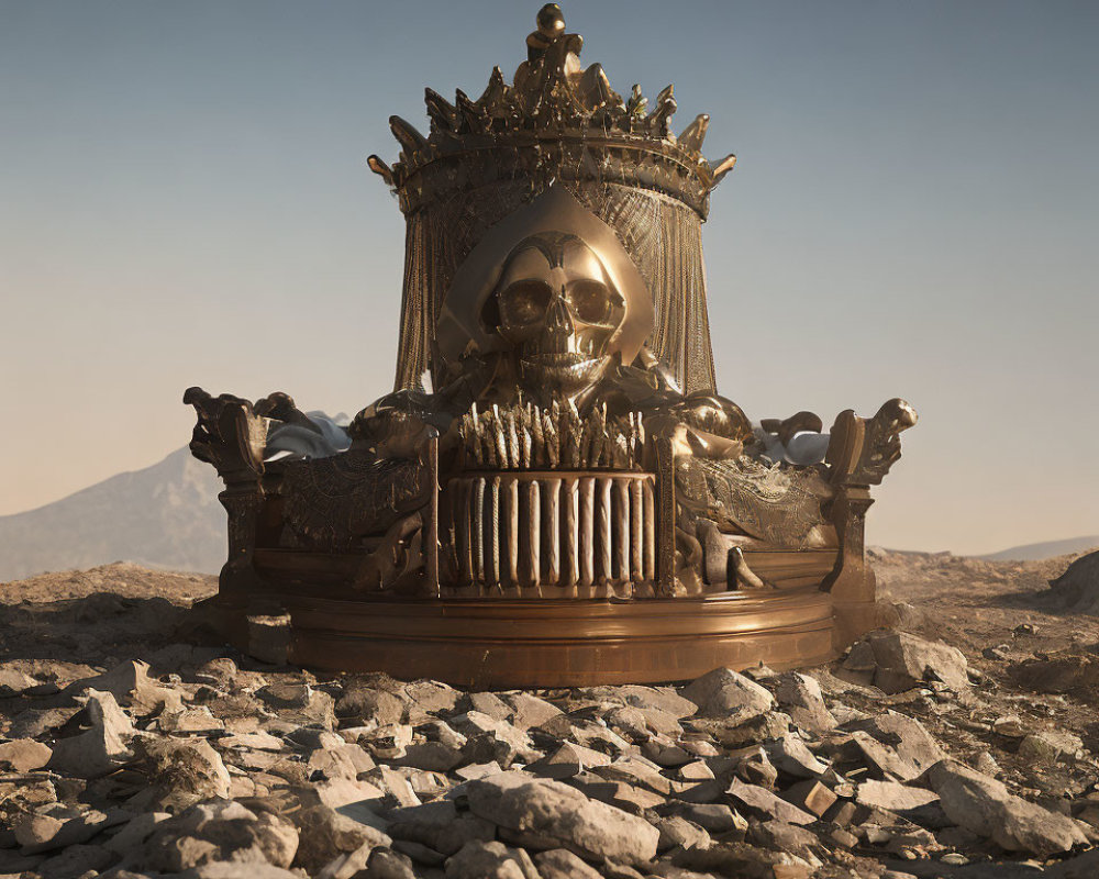 Golden skull-adorned crown in desert landscape with mountain background