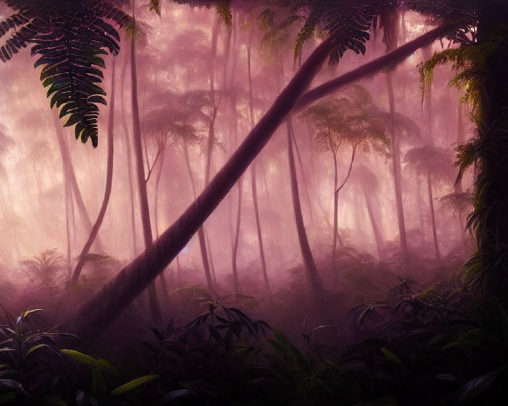 Lush Green Rainforest Scene with Fallen Tree and Soft Purple Light