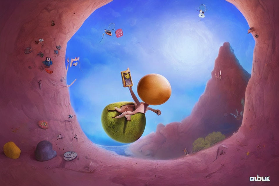 Surreal image of person with apple-head painting orange sphere in whimsical cavern