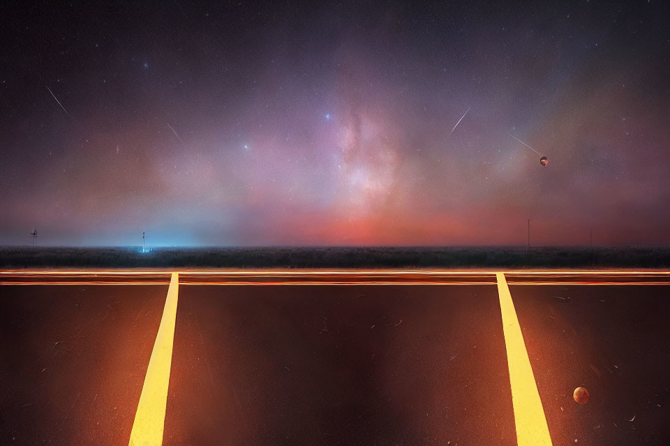 Nighttime Road with Vibrant Starry Sky, Meteors, Nebula, Planets,