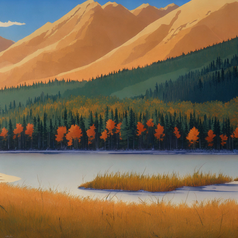 Tranquil landscape painting: lake, meadow, autumn forest, mountains, clear sky