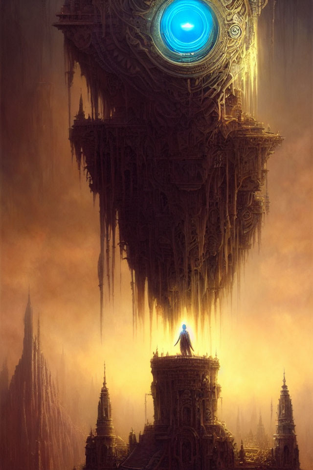 Solitary figure on ornate tower gazes at floating structure in mystical sky