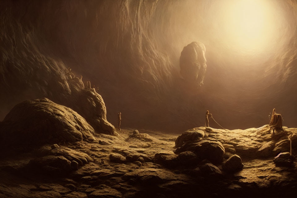 Surreal landscape with humanoid figures and rocky terrain in warm glow