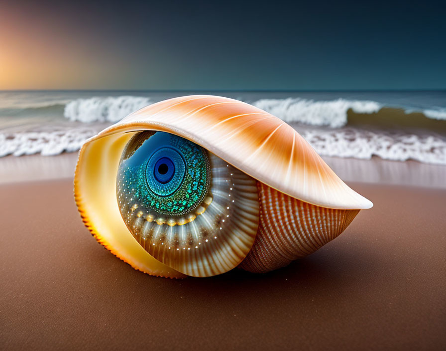 Seashell with Blue Eye on Beach at Sunrise/Sunset