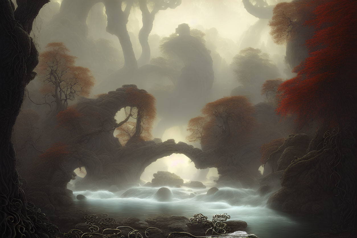 Mystical foggy forest with stone bridge over tranquil river