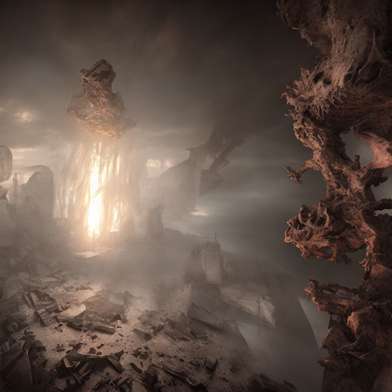 Ethereal landscape with towering rocks, warm glow, and mist.