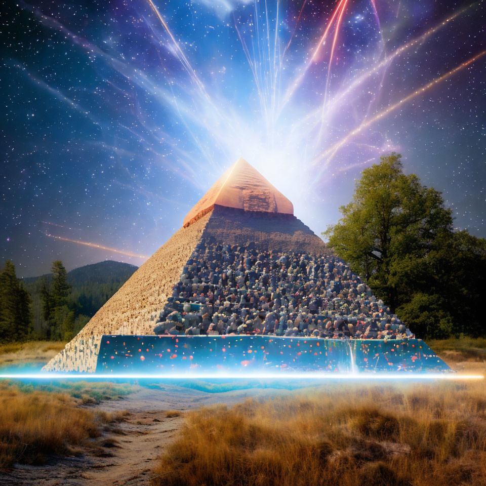 Luminous pyramid with energy beam in starry sky over forest and mountains