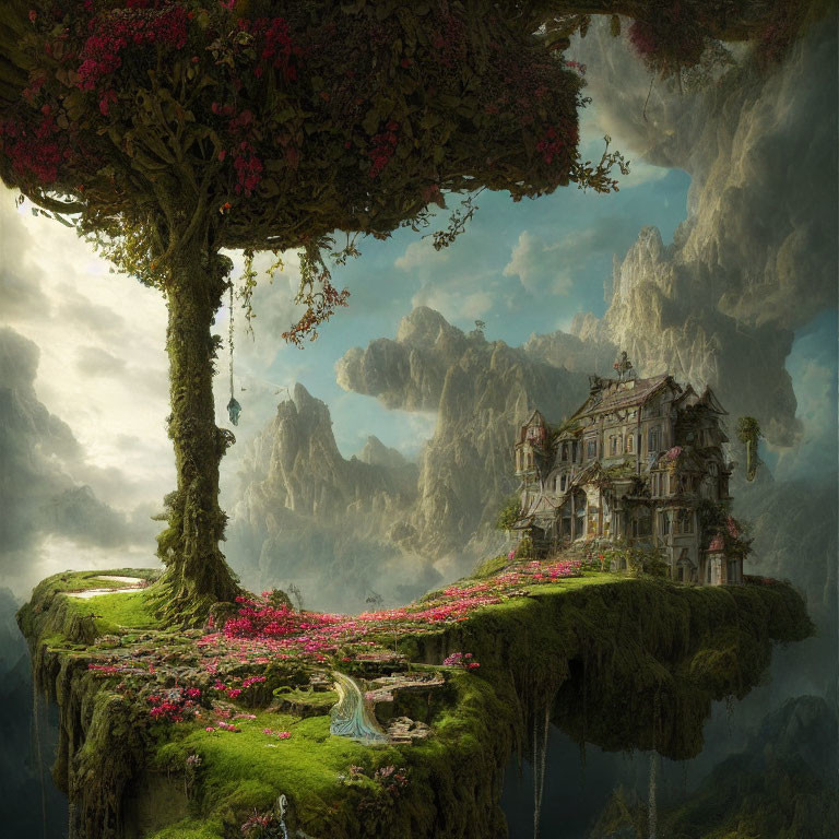 Fantasy landscape with floating island, elegant house, pink trees, waterfall, mountains, and cloudy sky