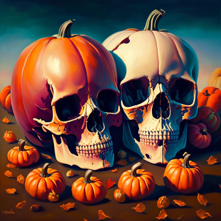 Skull-shaped pumpkins with miniature pumpkins and autumn leaves under twilight sky