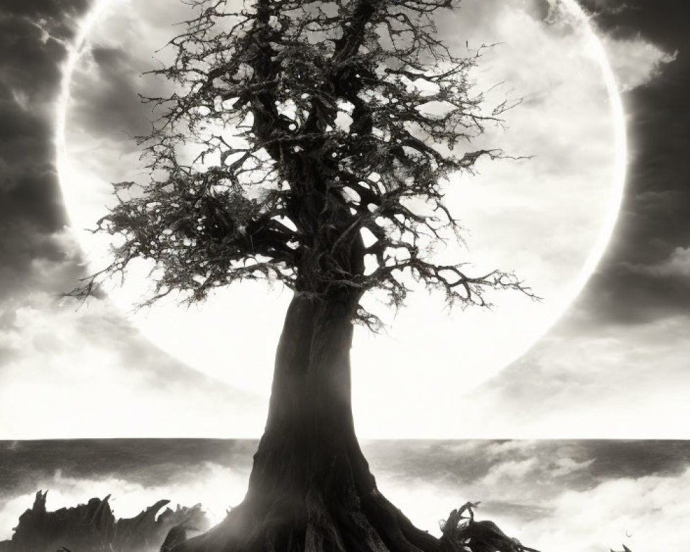 Monochrome image of barren tree against full moon and cloudy sky