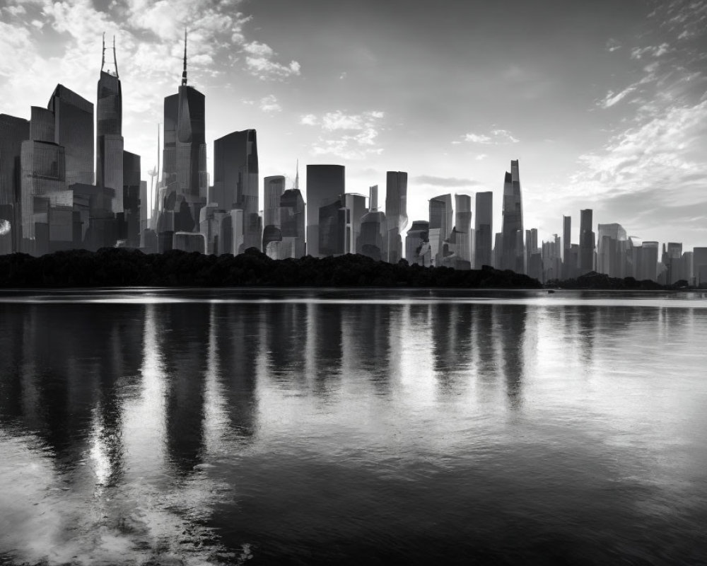 Grayscale city skyline with skyscrapers reflected on calm water