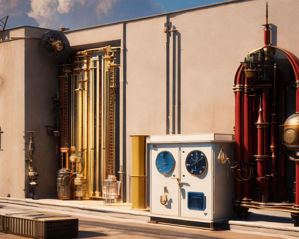 Steampunk-inspired rooftop with brass and copper machinery under clear blue sky