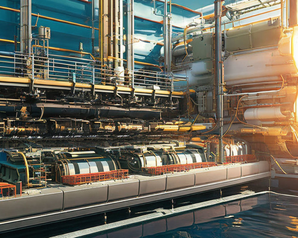 Industrial Plant with Intricate Piping and Machinery by Water Body