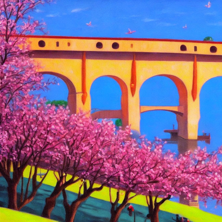 Yellow Bridge Over Pink Cherry Trees in Vibrant Painting