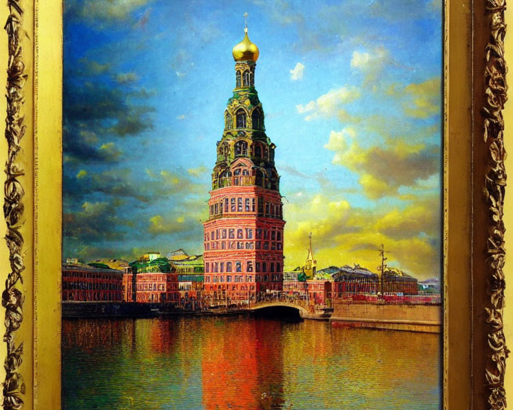Historic Saint Petersburg Cathedral oil painting with ornate spire and river in golden frame