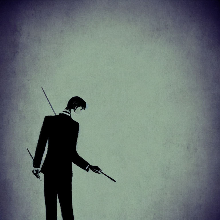 Shadowy Figure in Suit with Sword on Textured Grey Background