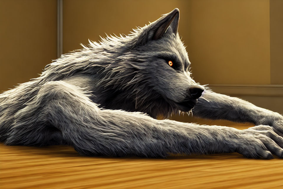 Detailed 3D Rendering of Large Gray Wolf with Orange Eyes indoors