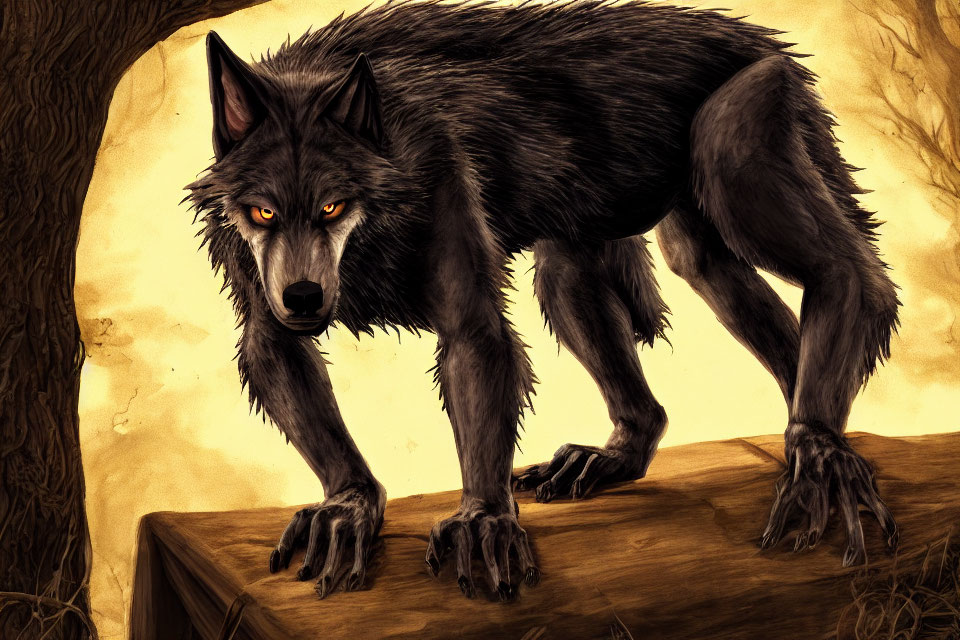 Black wolf with glowing amber eyes on wooden surface in forest setting