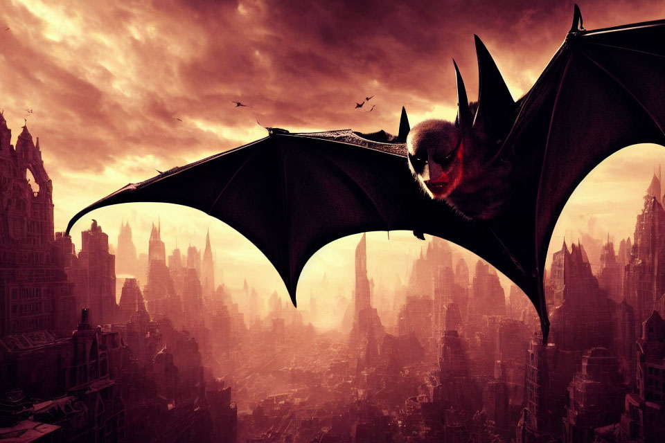 Gothic cityscape at dusk with flying bat