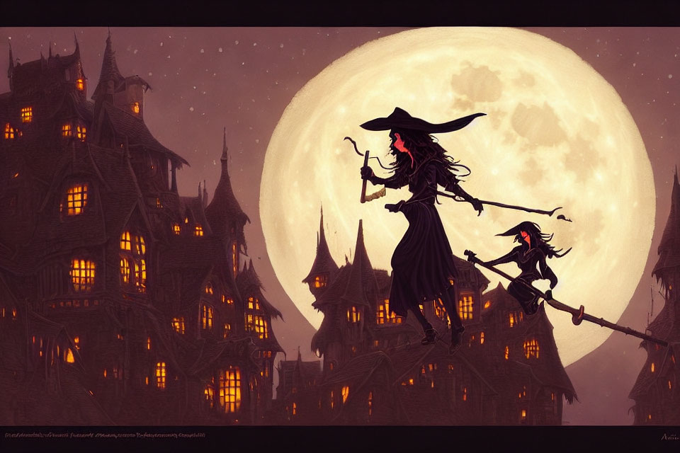 Witches on broomsticks fly under full moon