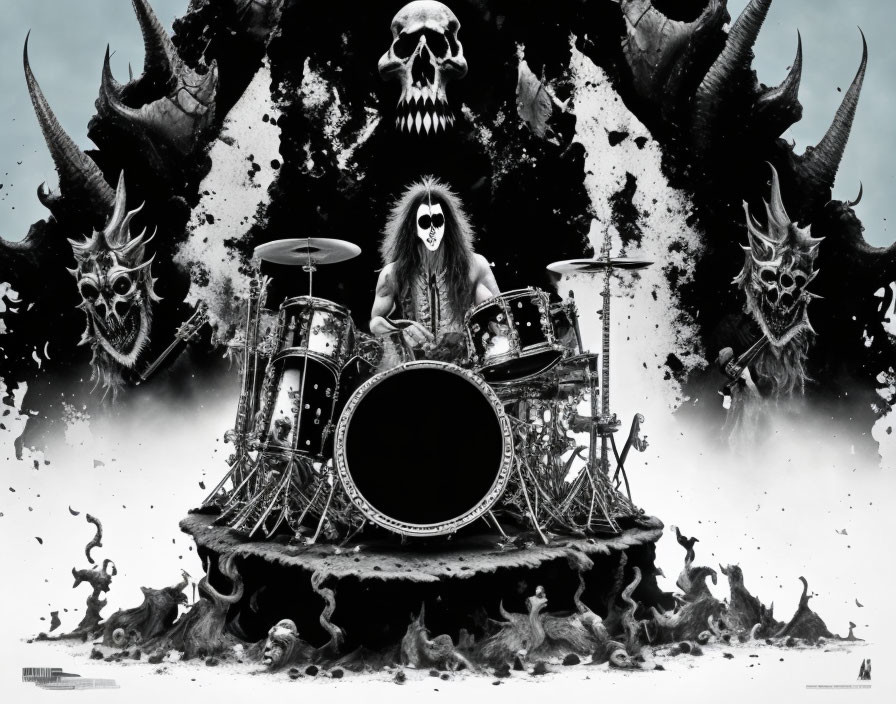 Long-haired drummer in dark makeup at drum set in fantasy scene with skulls and creatures.