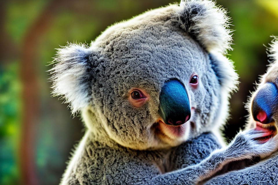 Grey-furred koala with large black nose and sharp eyes on blurred green background