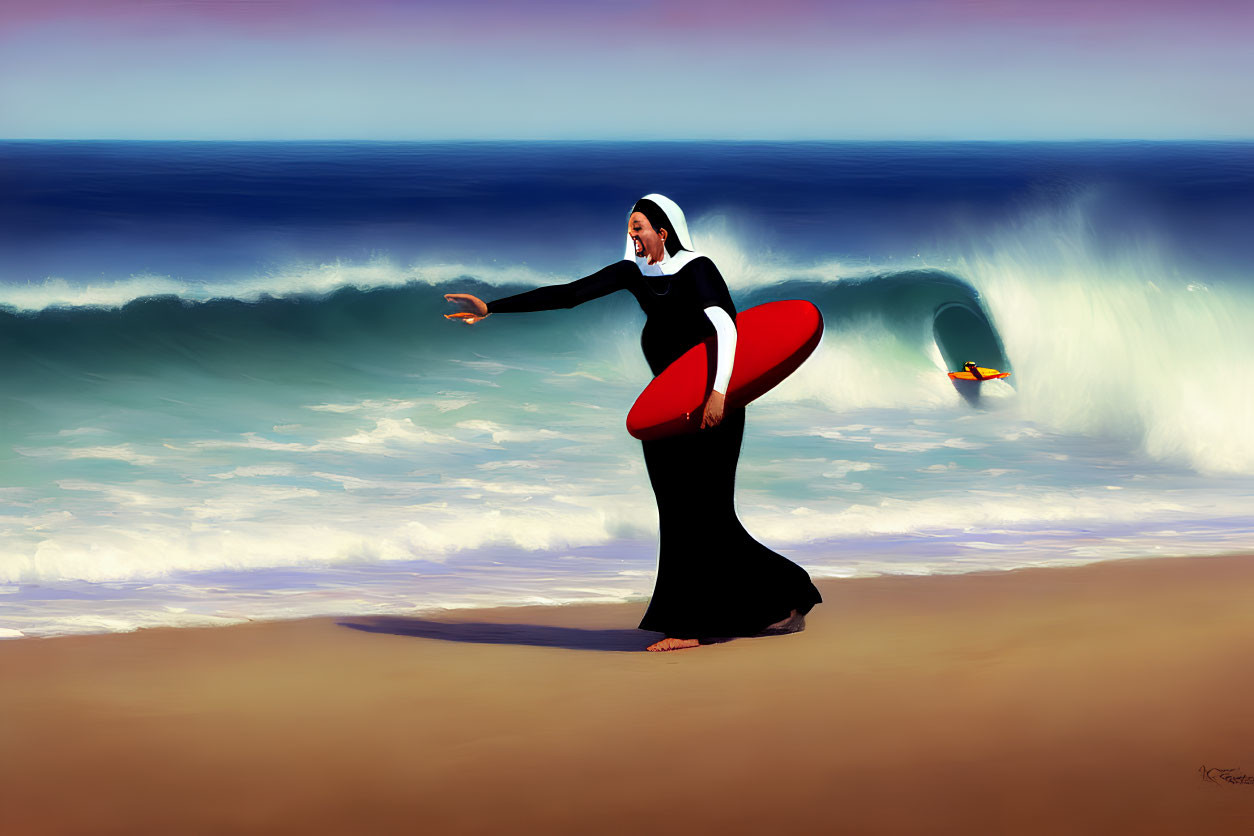 Nun with surfboard gestures to surfer on wave at the beach