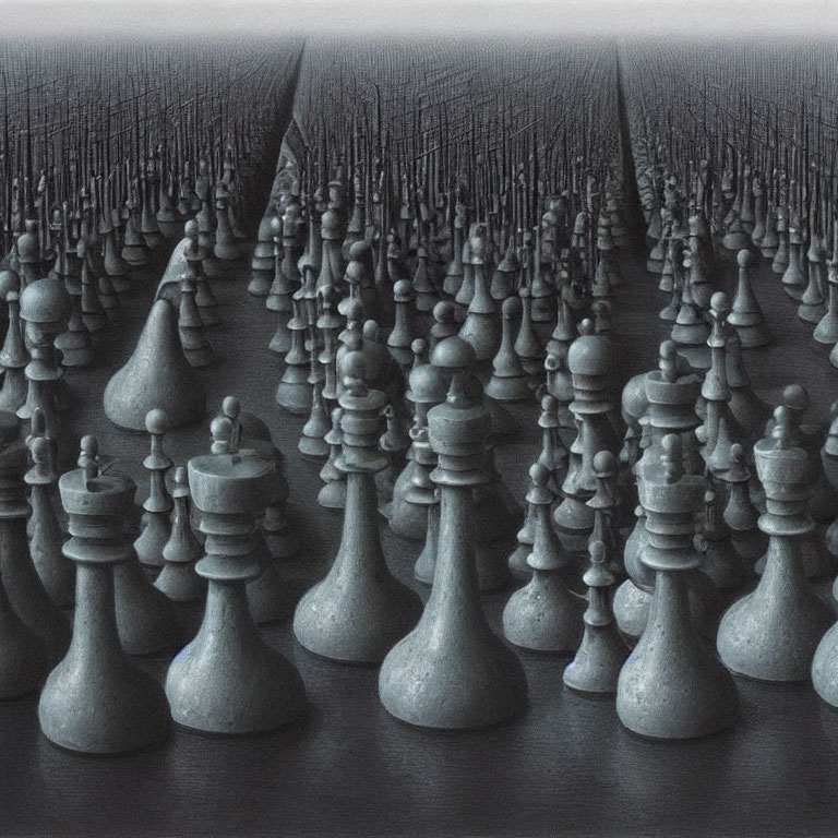 Grayscale army of chess pieces in dense formation