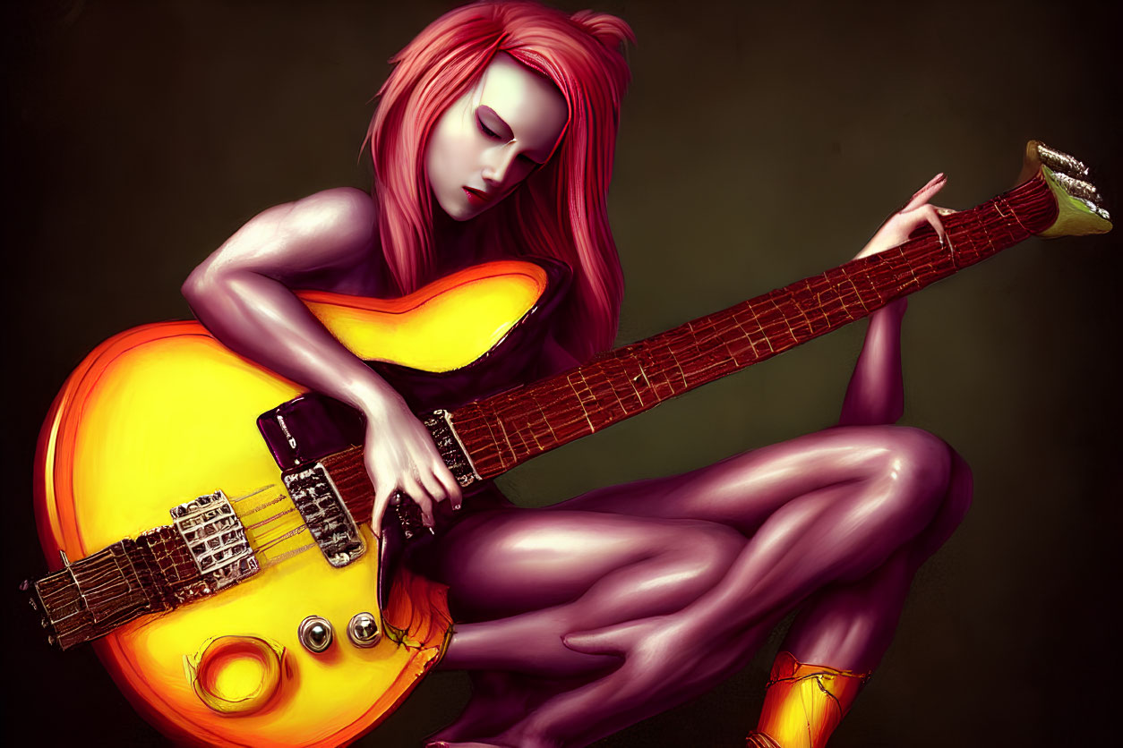 Stylized red-haired female figure fused with electric guitar on dark background
