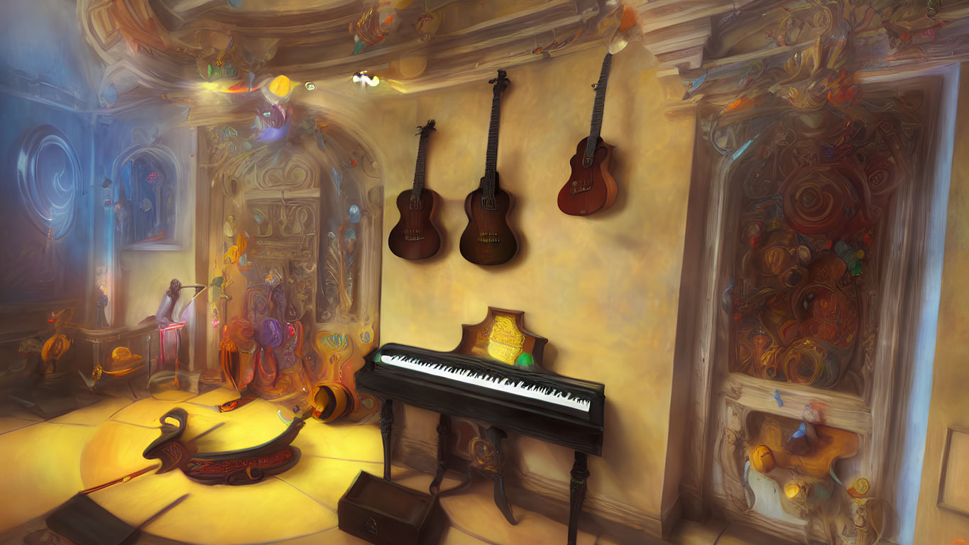 Colorful Music Room with Guitars, Piano, & Whimsical Creatures