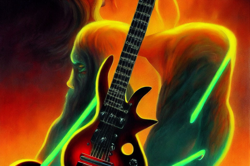 Colorful Artwork: Figure with Flowing Hair Playing Electric Guitar