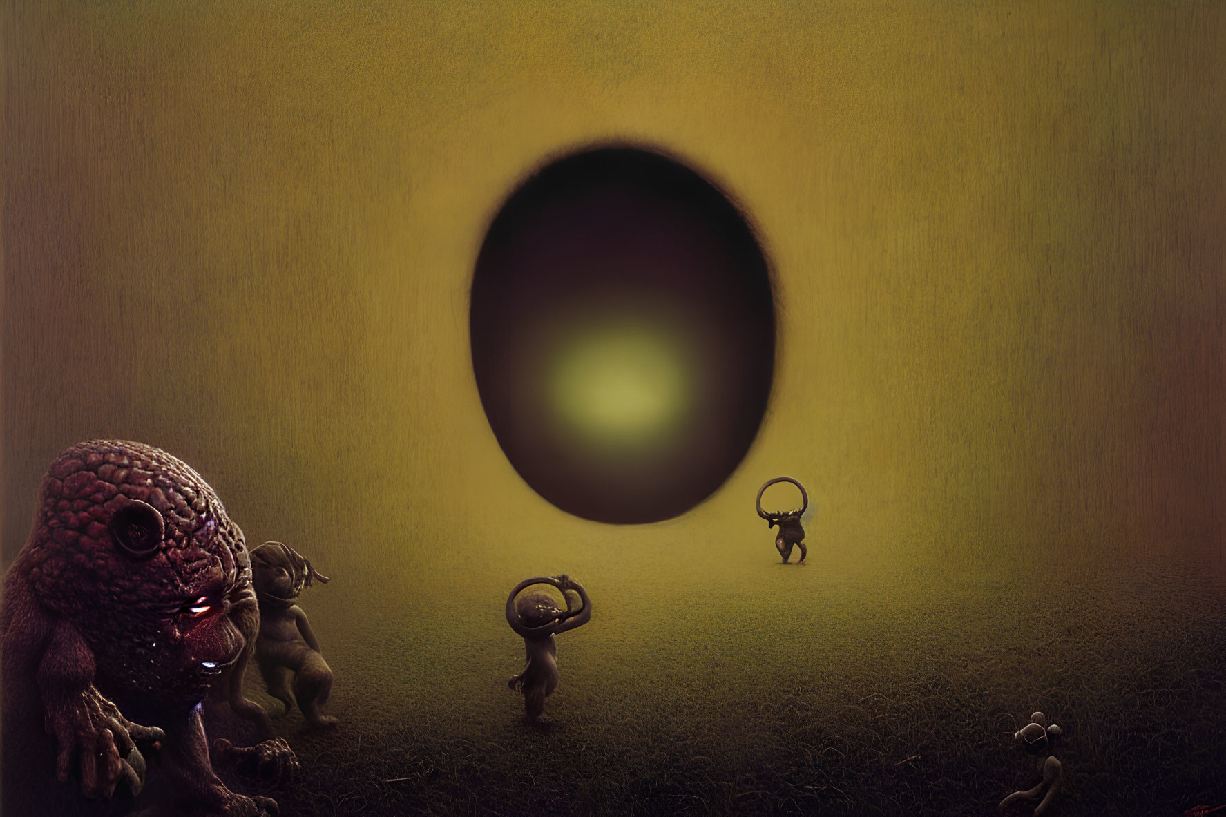 Surreal artwork of small creatures and rings near central black hole