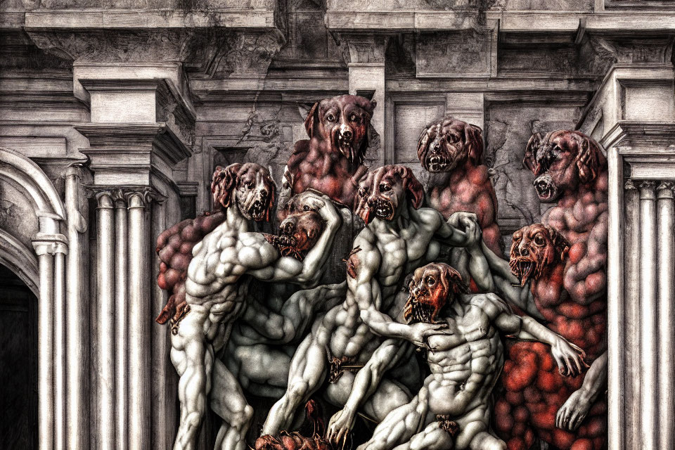 Muscular figures with dog heads in classical architectural setting