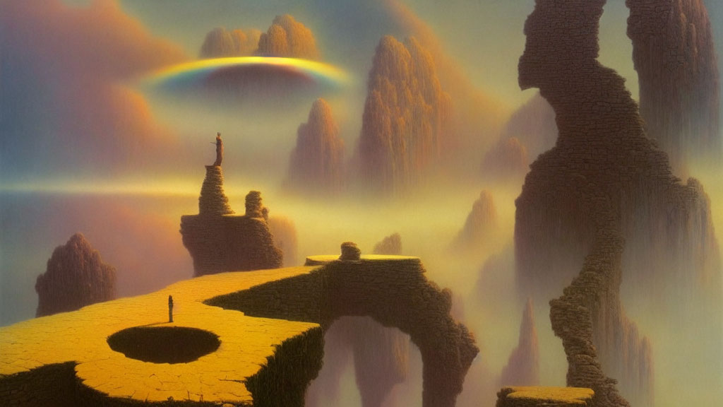 Person on floating landmass under rainbow and golden sky among misty rock formations