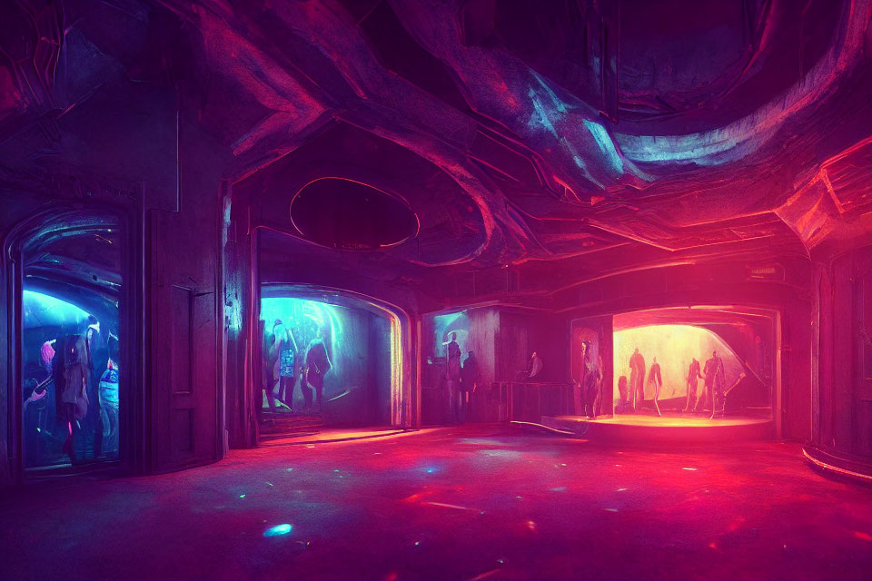 Futuristic corridor with neon lights and silhouettes of people