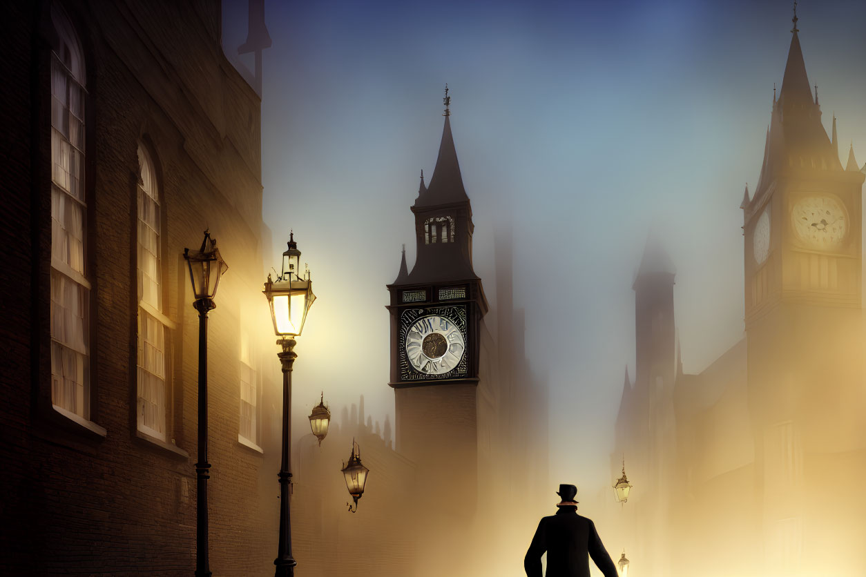 Silhouette of person with top hat on foggy street near Big Ben.