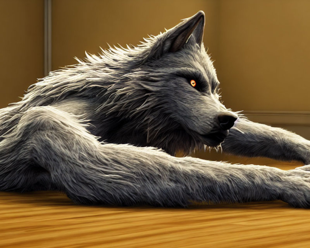 Detailed 3D Rendering of Large Gray Wolf with Orange Eyes indoors