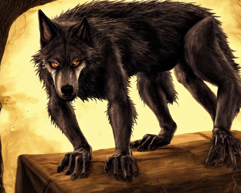 Black wolf with glowing amber eyes on wooden surface in forest setting