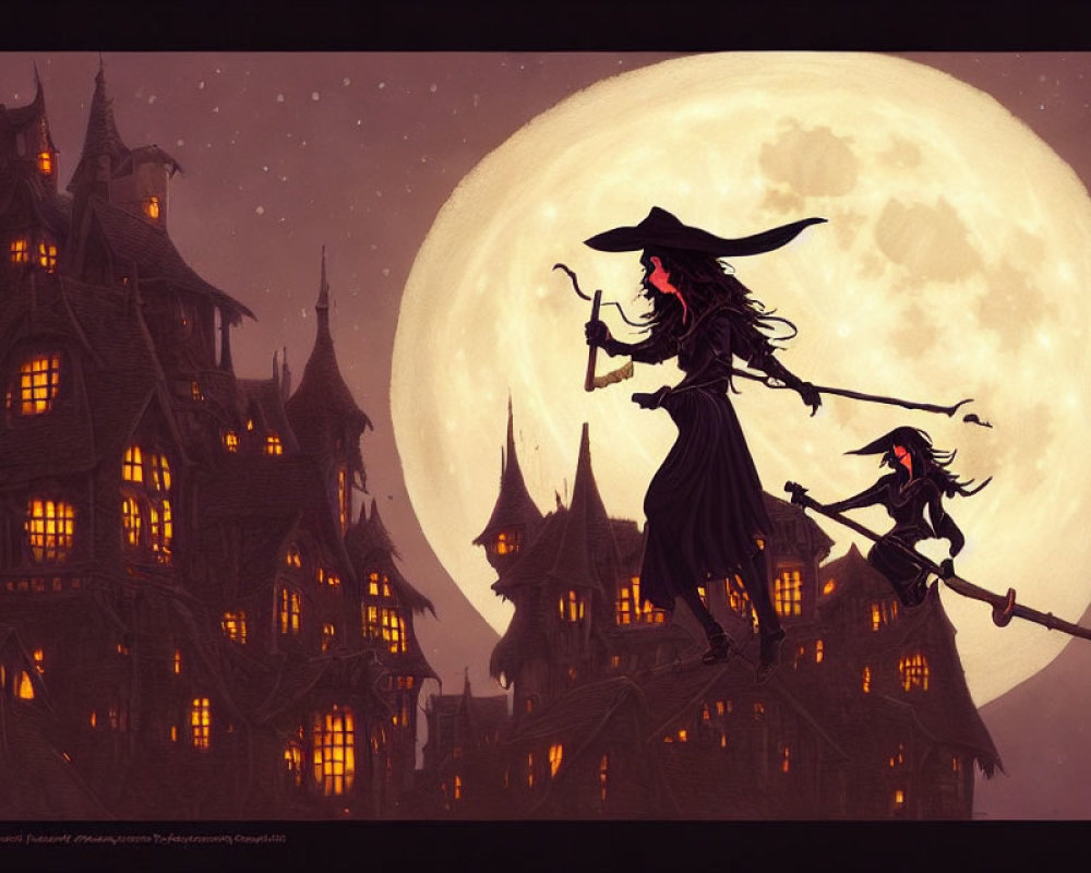 Witches on broomsticks fly under full moon