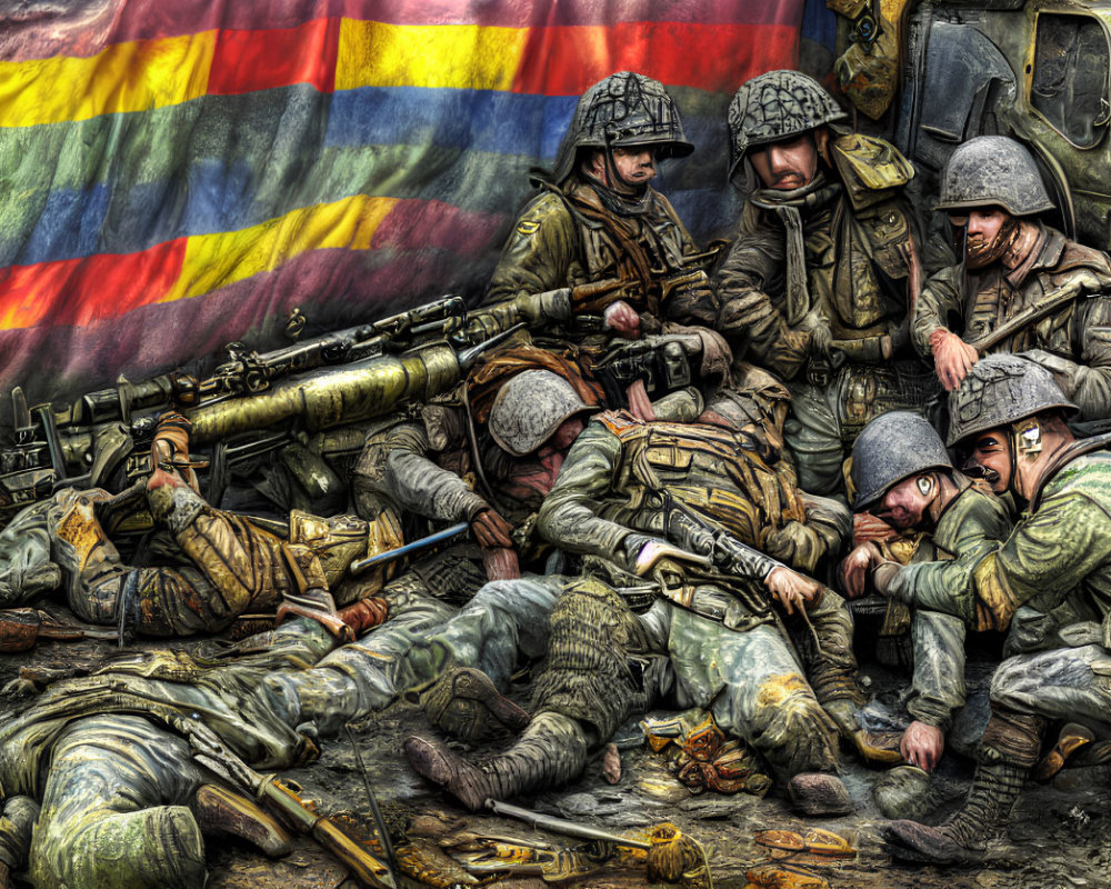 Soldiers in combat gear with colorful flag and military equipment
