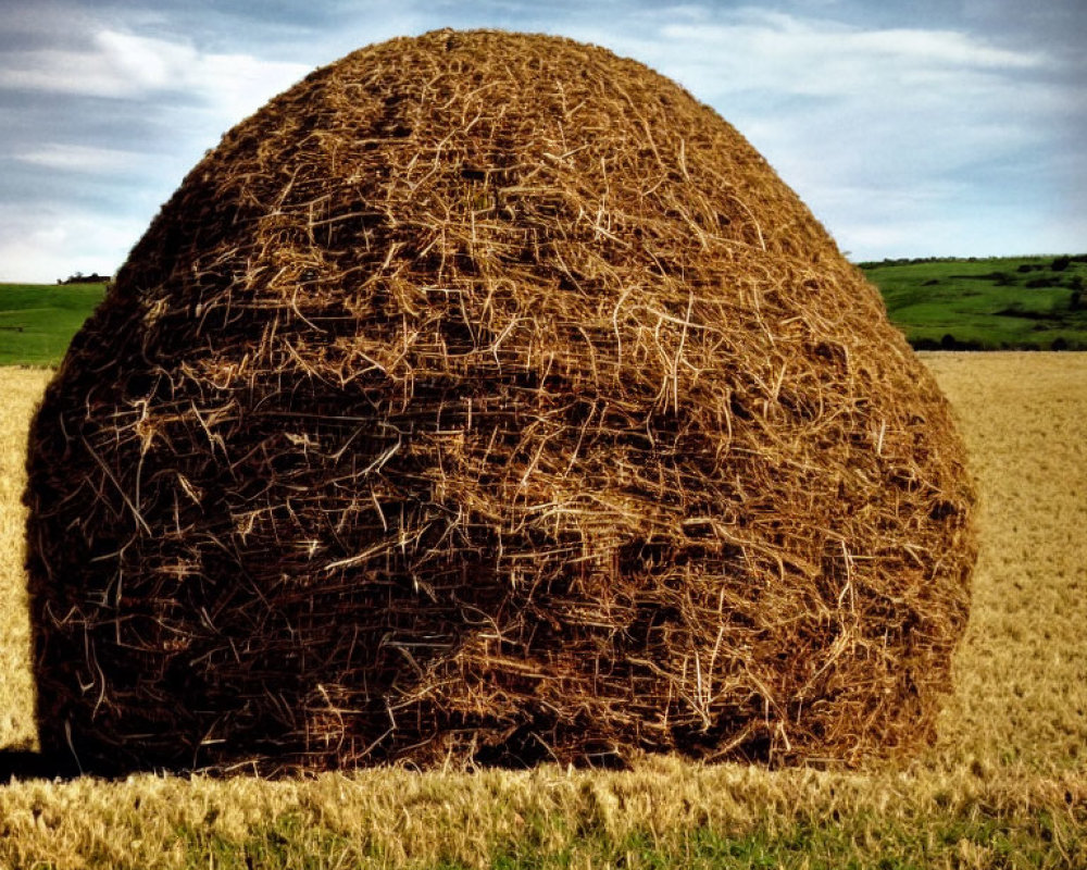Large haystack in field under cloudy blue sky